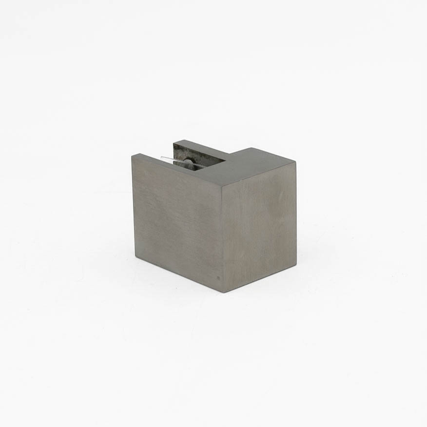 Conector inox ABRAGLASS S432 SSS sticlă–țeavă satinat pentru sticlă 8–10 mm și bară stabilizatoare dreptunghiulară 20×20 mm.