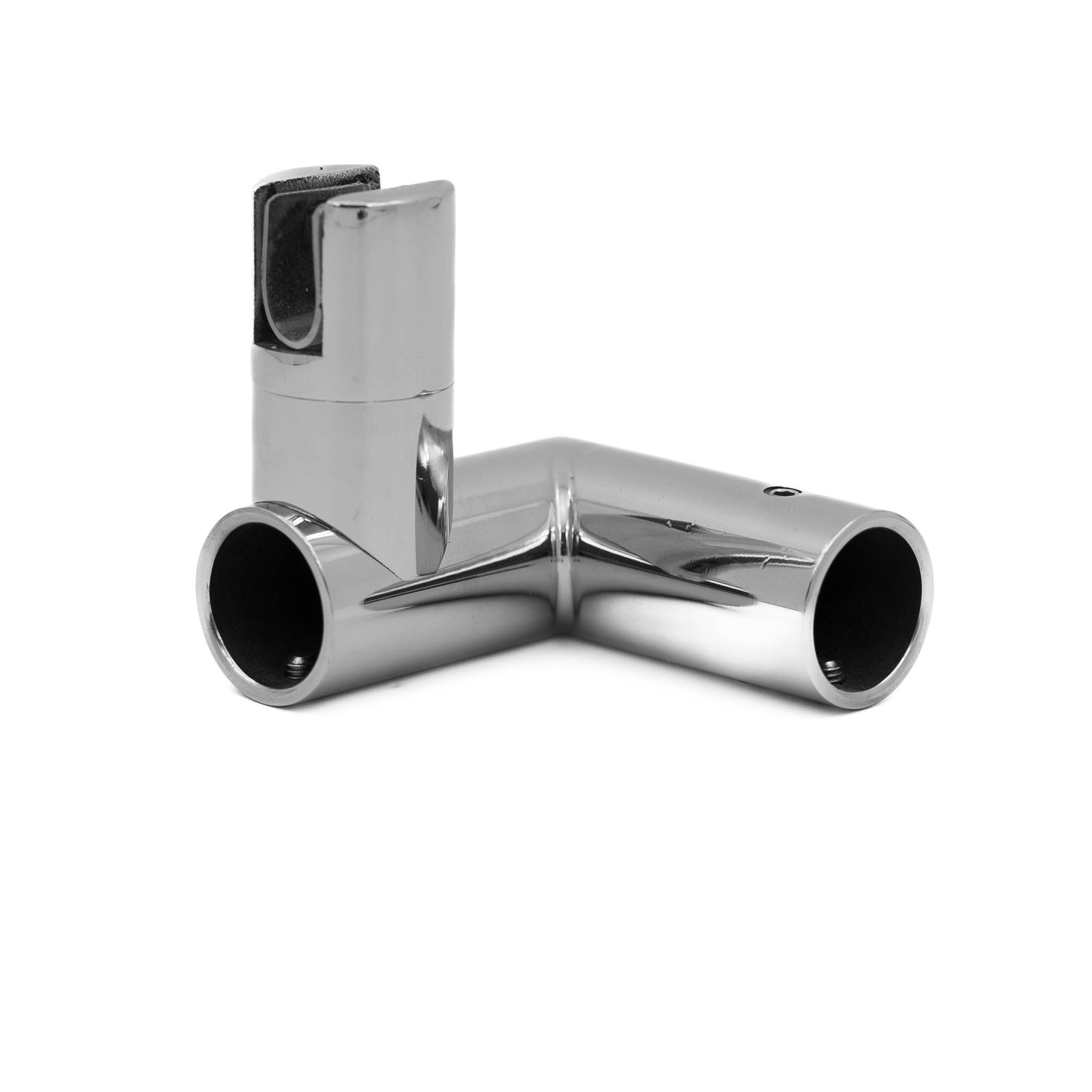 Conector inox stabilizare T sticlă–țeavă F19 – 90°