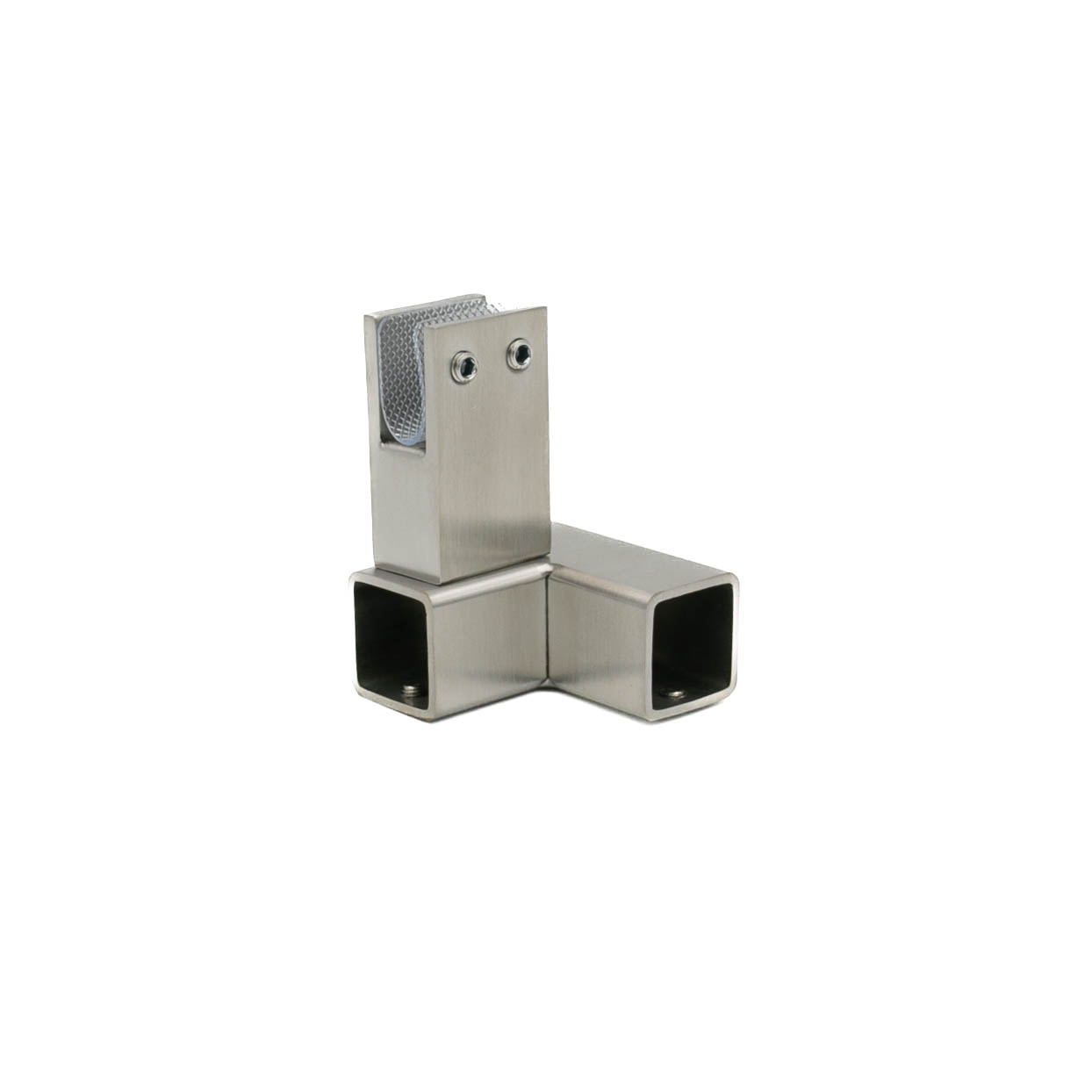 Conector inox ABRAGLASS S429R sticlă–țeavă DREAPTA pentru sticlă securizată 8–10 mm și bară stabilizatoare dreptunghiulară 20×20 mm.