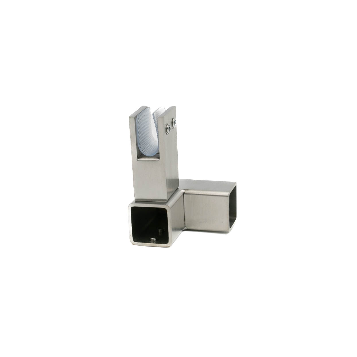 Conector inox ABRAGLASS S429R sticlă–țeavă DREAPTA pentru sticlă securizată 8–10 mm și bară stabilizatoare dreptunghiulară 20×20 mm.