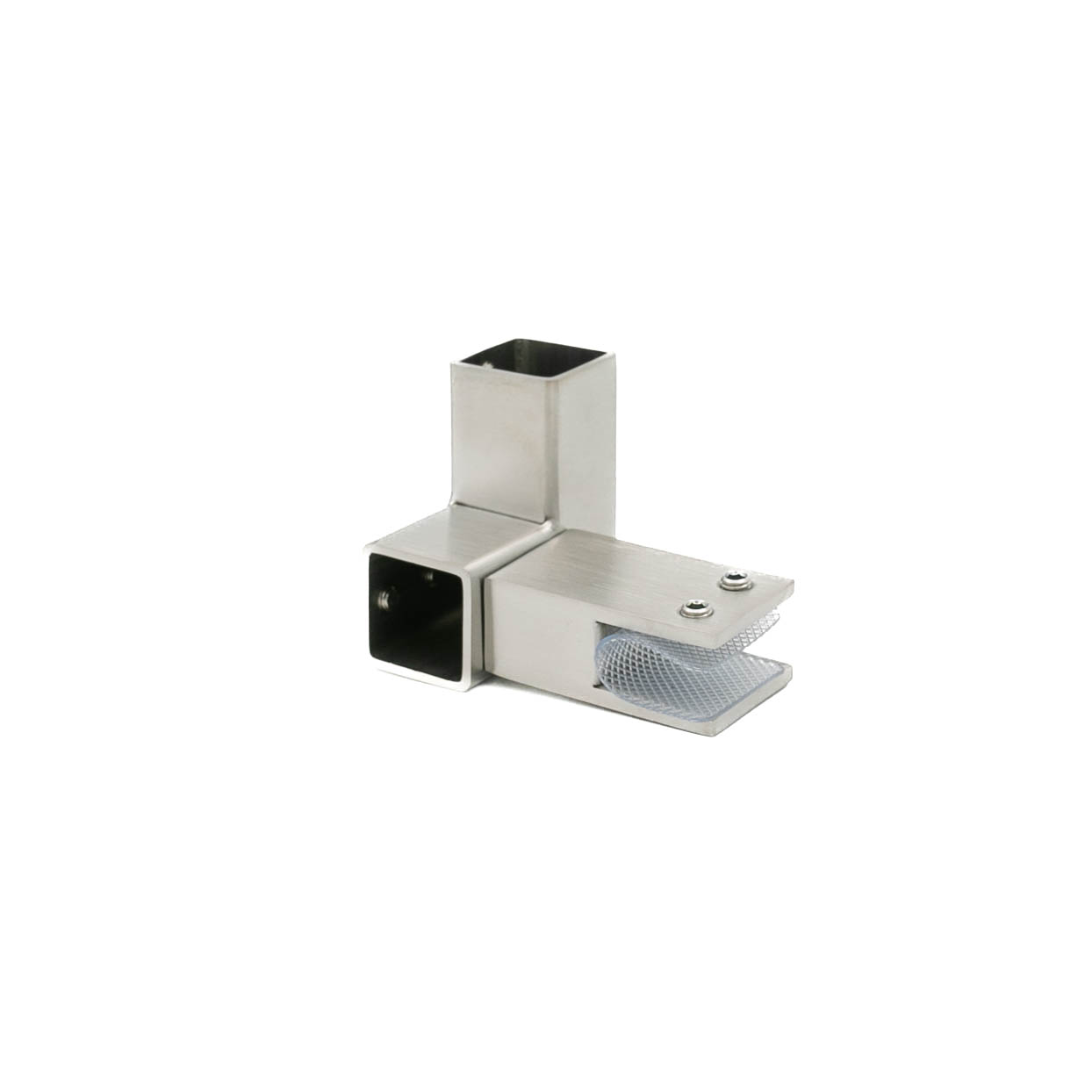 Conector inox ABRAGLASS S429R sticlă–țeavă DREAPTA pentru sticlă securizată 8–10 mm și bară stabilizatoare dreptunghiulară 20×20 mm.