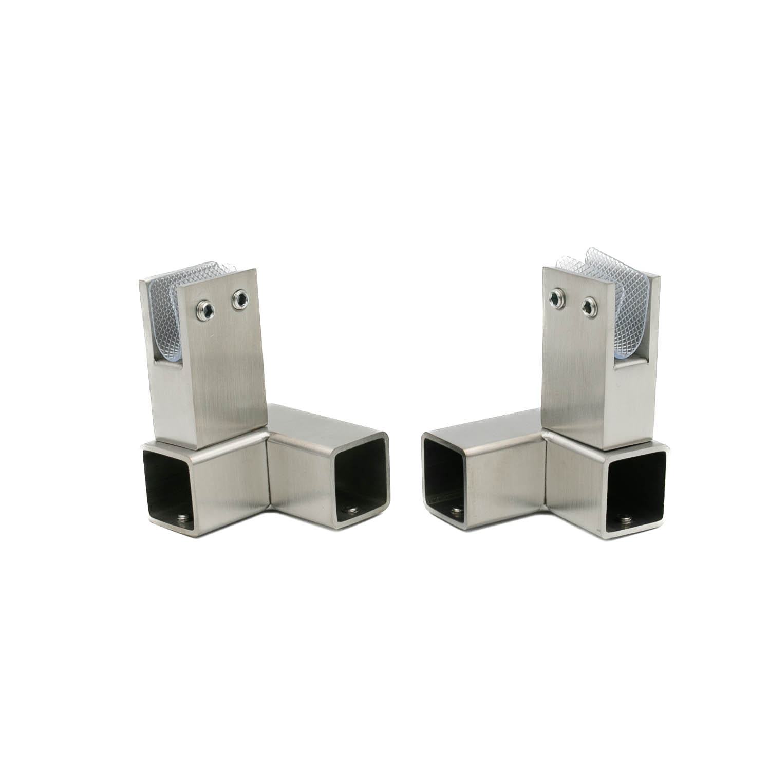 Conector inox ABRAGLASS S429R sticlă–țeavă DREAPTA pentru sticlă securizată 8–10 mm și bară stabilizatoare dreptunghiulară 20×20 mm.