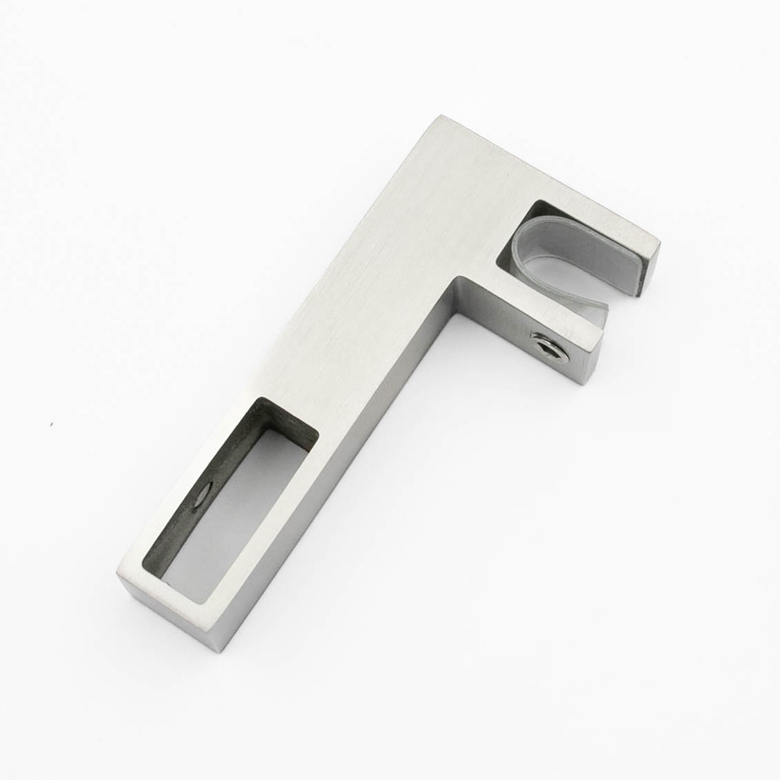 Conector inox ABRAGLASS S430 SSS țeavă–sticlă satinat pentru bară dreptunghiulară 20×20 mm și sticlă 8–10 mm.